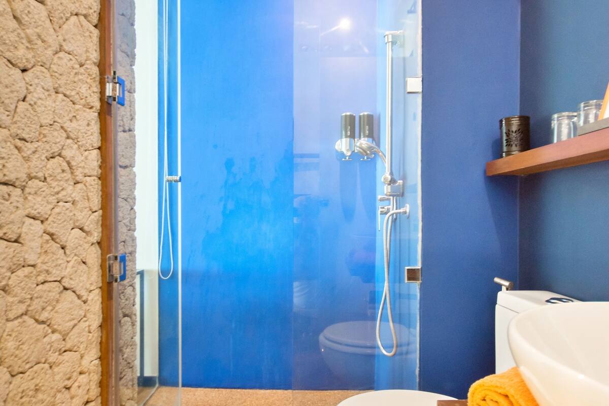 shower, rainfall showerhead, hair dryer, bathrobes