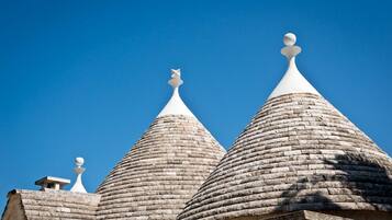 A building with multiple conical roofs and white decorative elements on top.