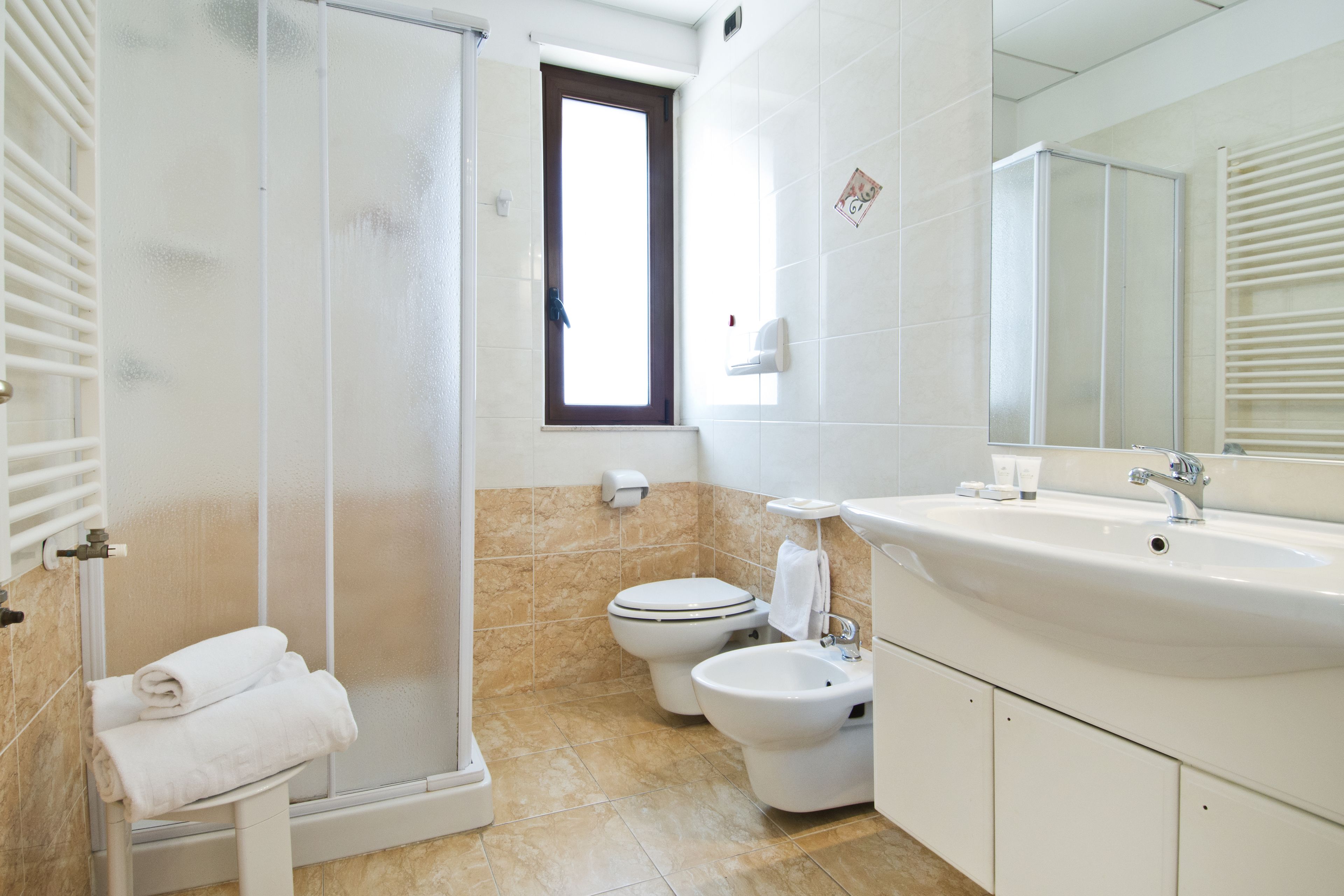 standard double or twin room | bathroom | shower, hair dryer, bidet, towels