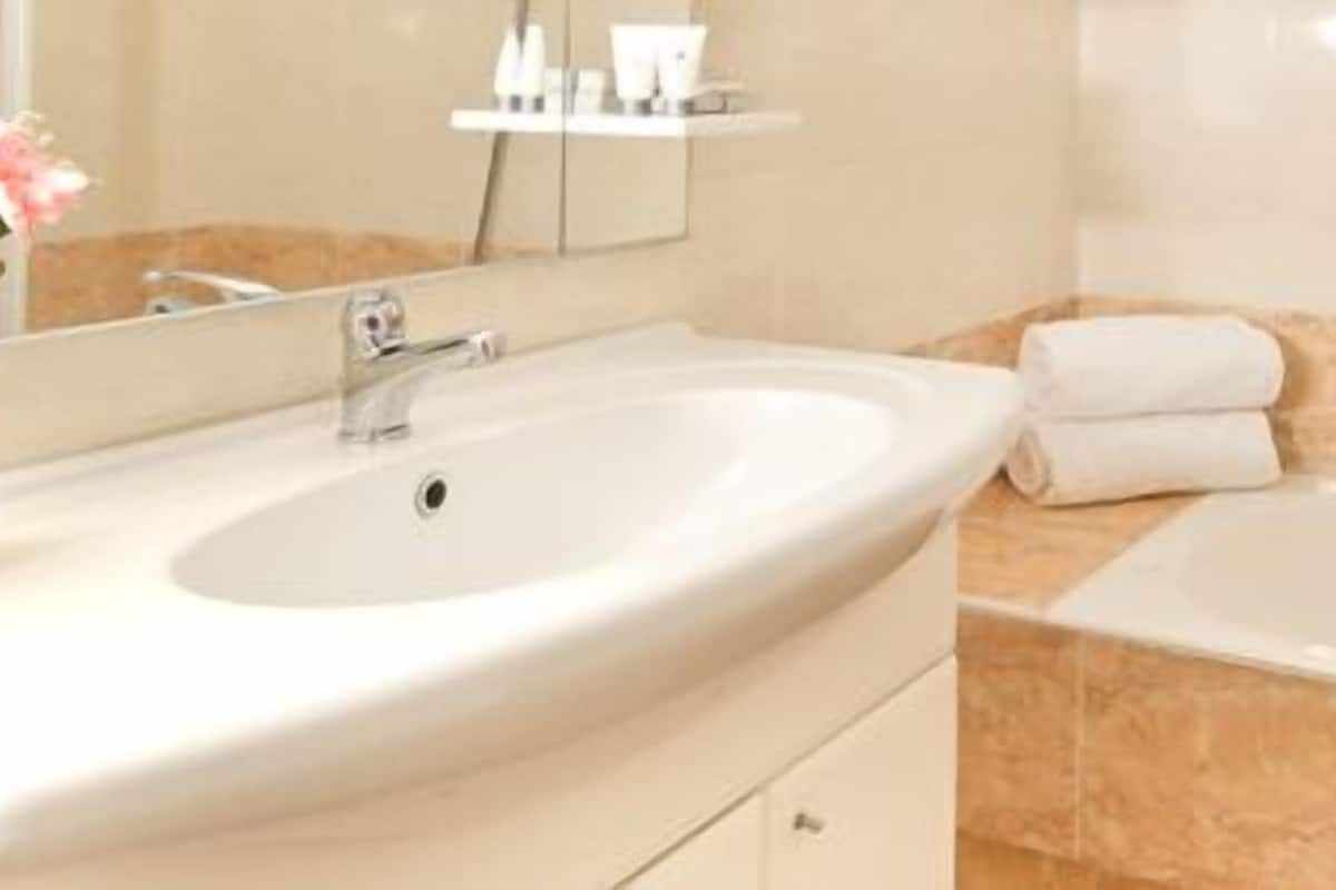 shower, hair dryer, bidet, towels