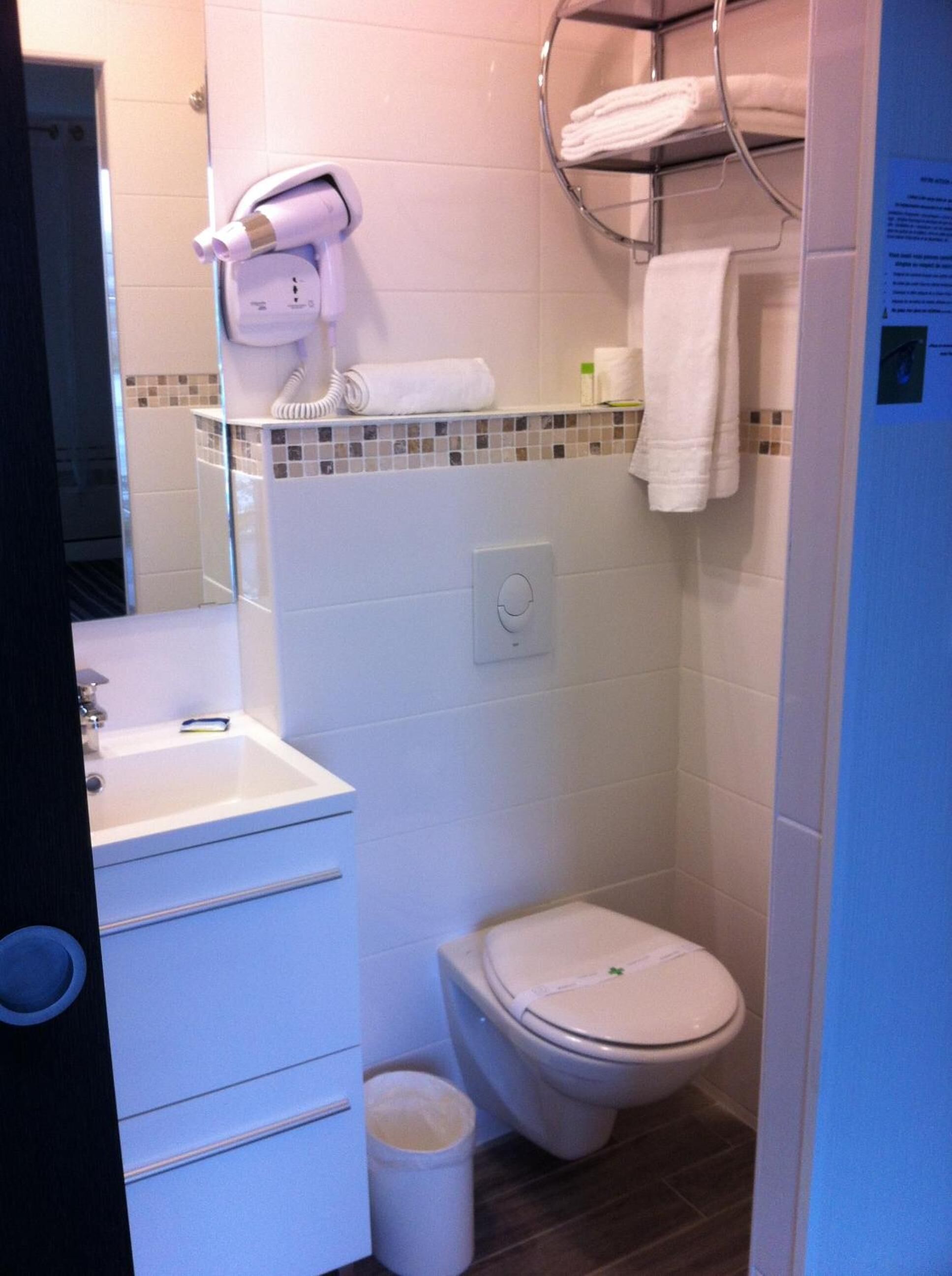 A compact bathroom with a white sink, a toilet, a hairdryer, and a towel rack.