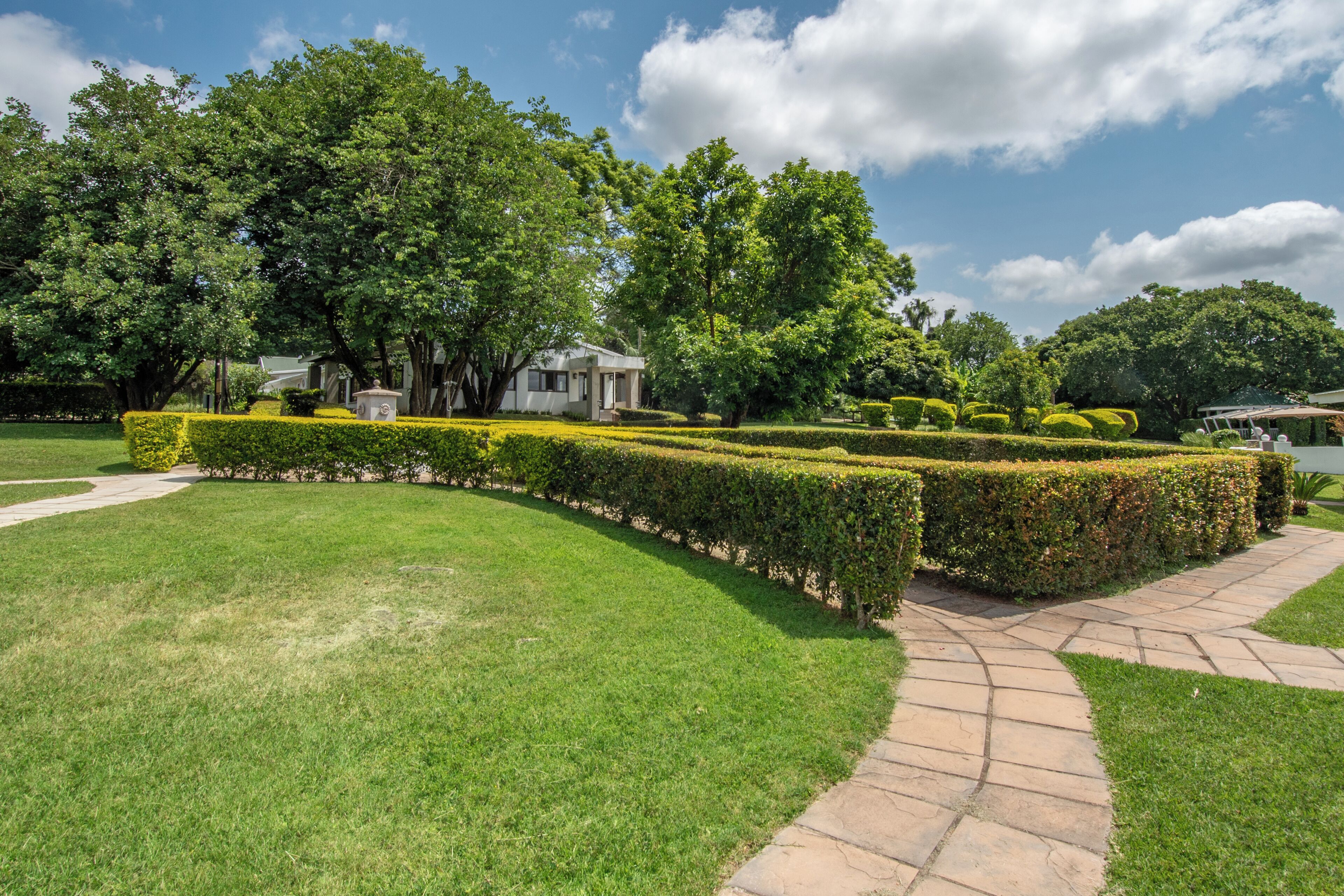 Un jardin bien entretenu, avec un chemin pavé, des haies soigneusement taillées et une variété d’arbres.
