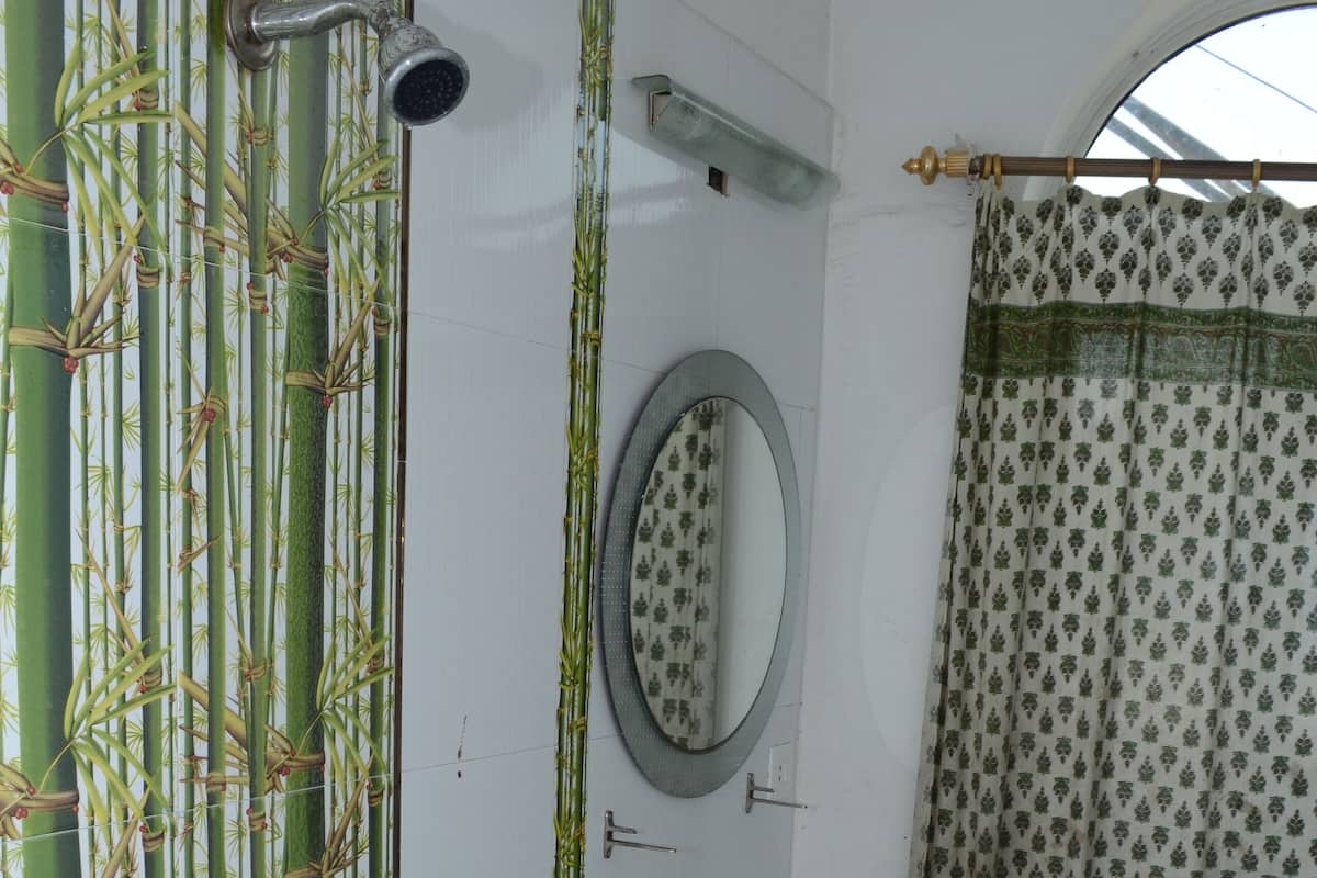 A bathroom with a shower, sink, and mirror.