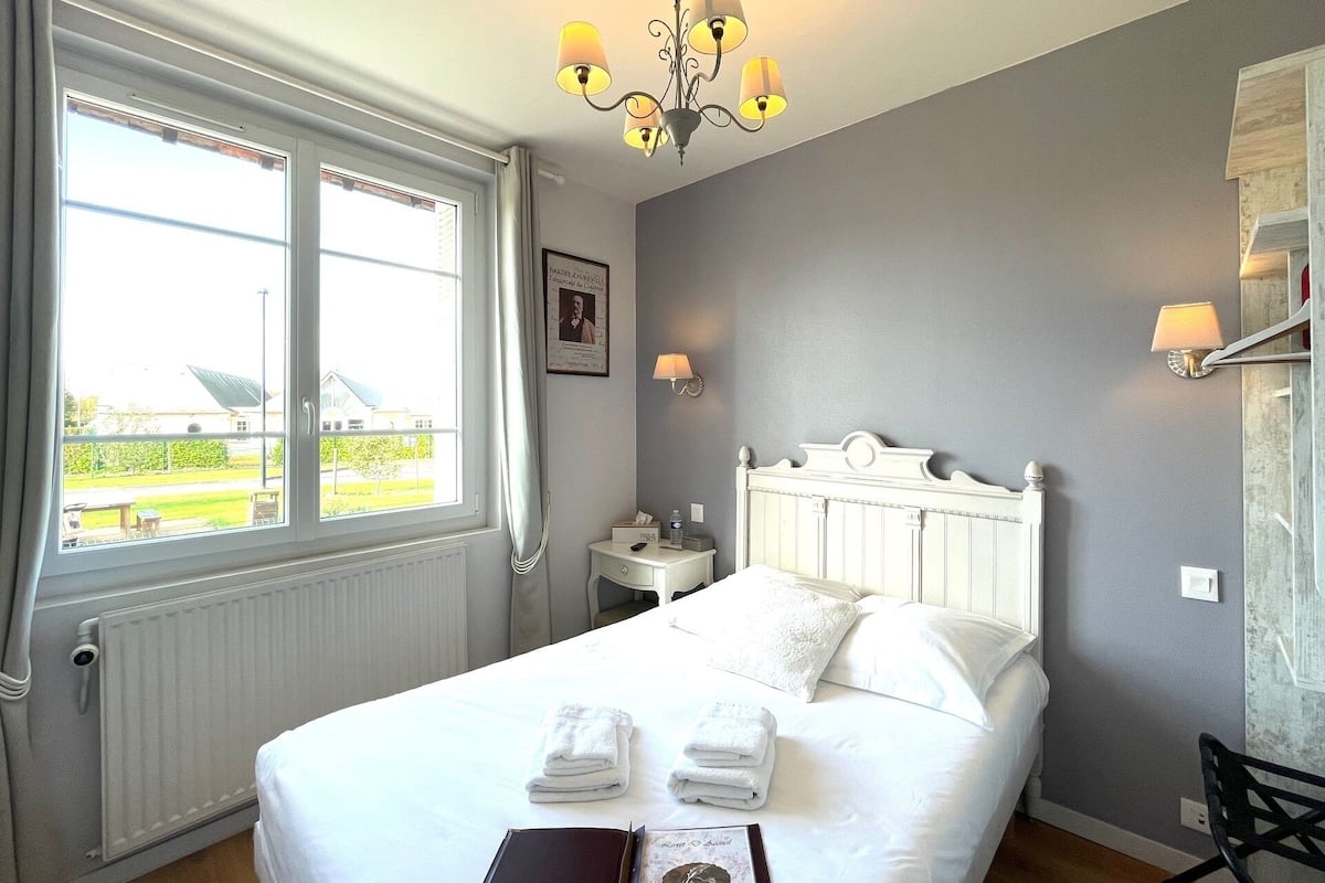 Habitación de hotel con una cama grande, una mesita de noche, una silla, una ventana con cortinas, una araña y un cuadro en la pared.