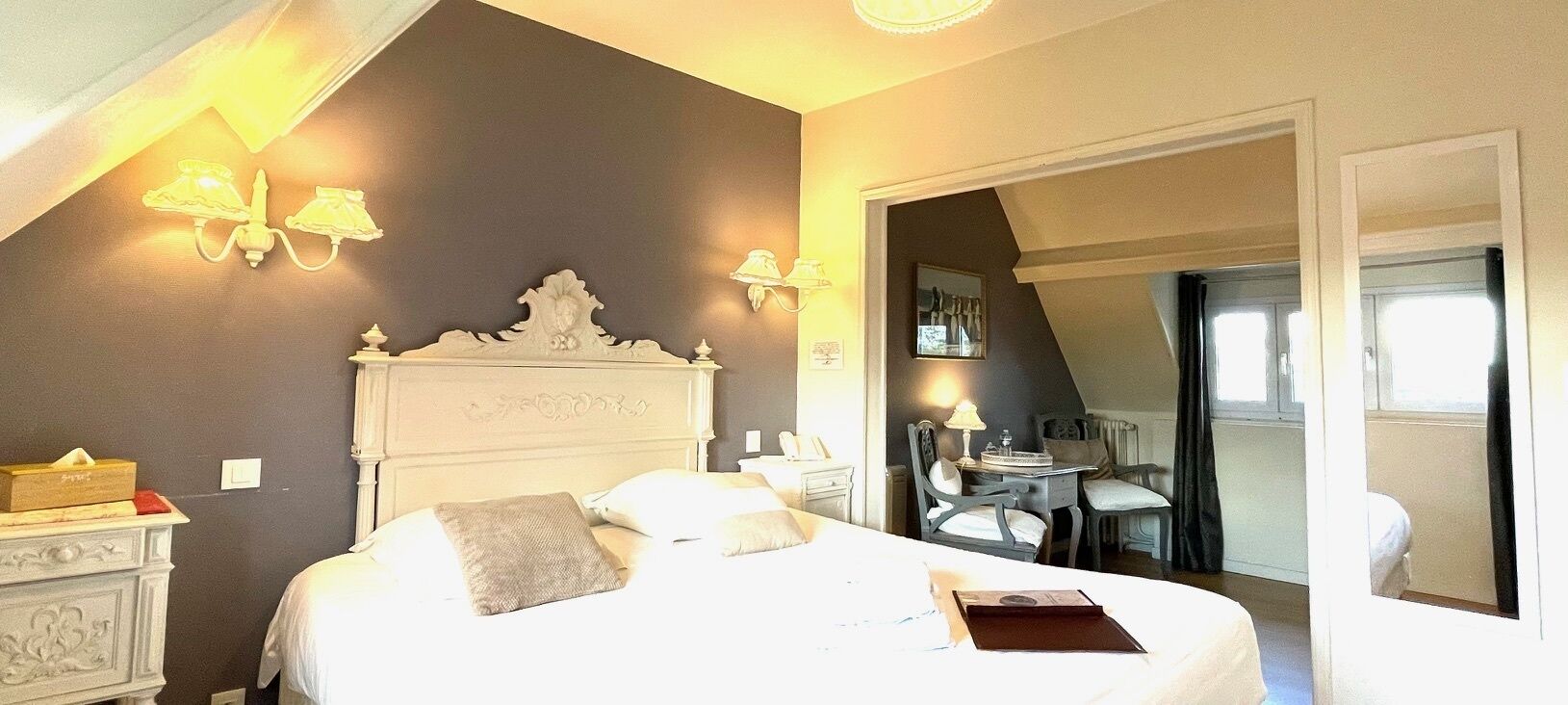 romantic room, bathtub | individually decorated, desk, blackout curtains, iron/ironing board