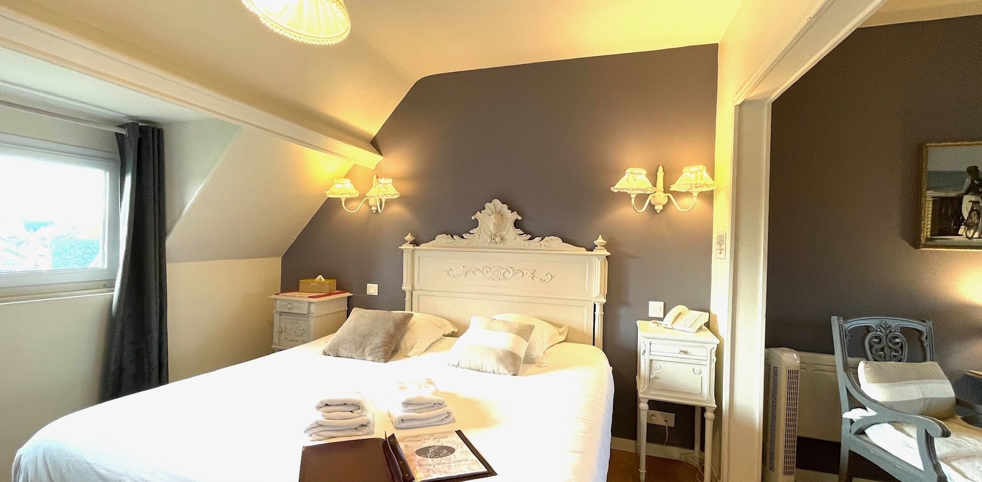 romantic room, bathtub | individually decorated, desk, blackout curtains, iron/ironing board