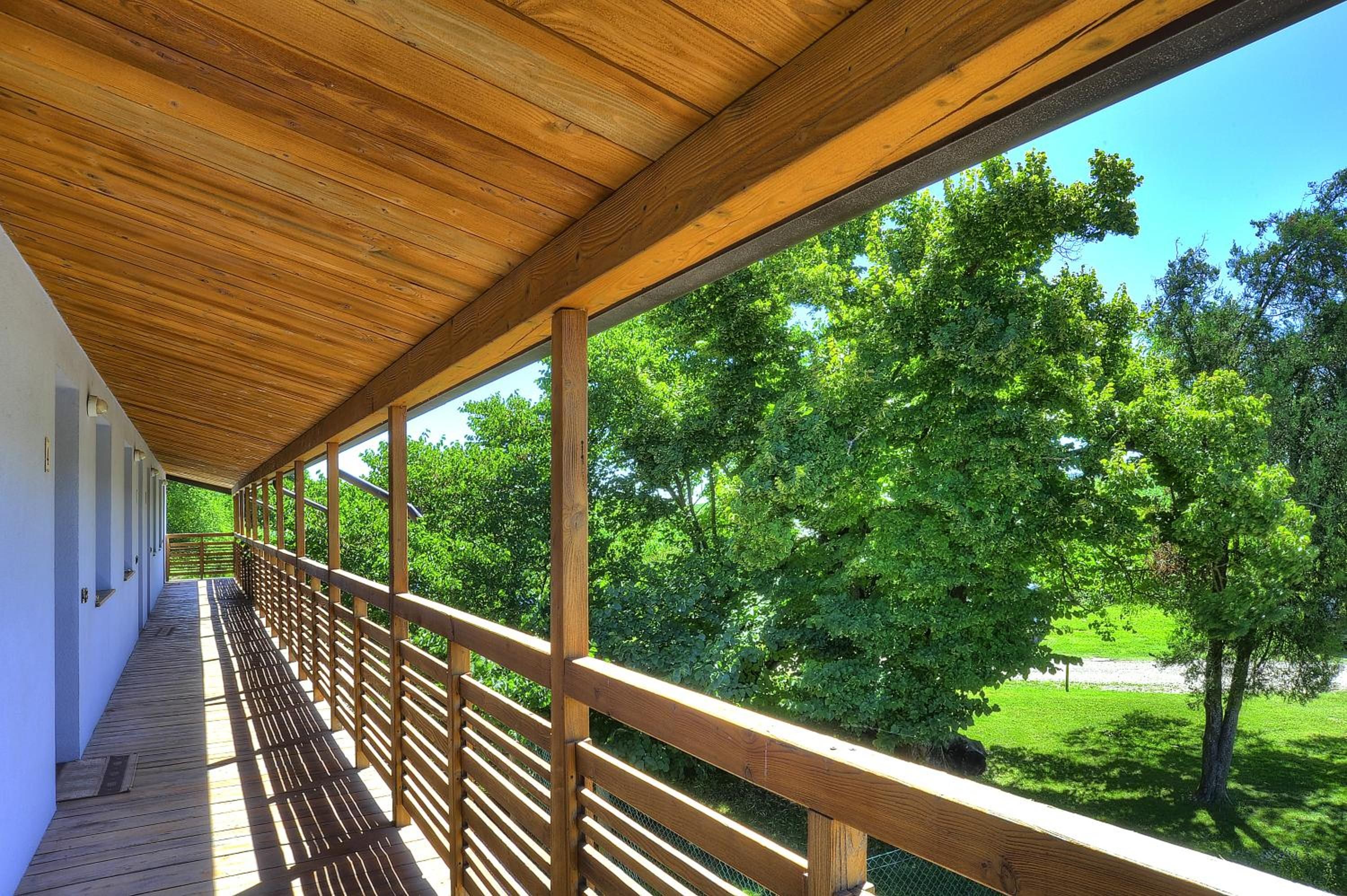Una terraza cubierta de madera con barandilla, con vistas a un área verde con árboles.