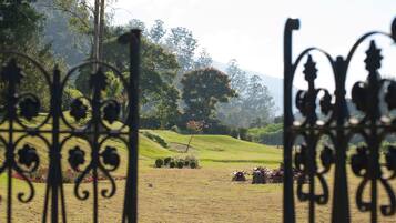 A view through ornate metal gates into a lush, green landscape with rolling hills and trees.