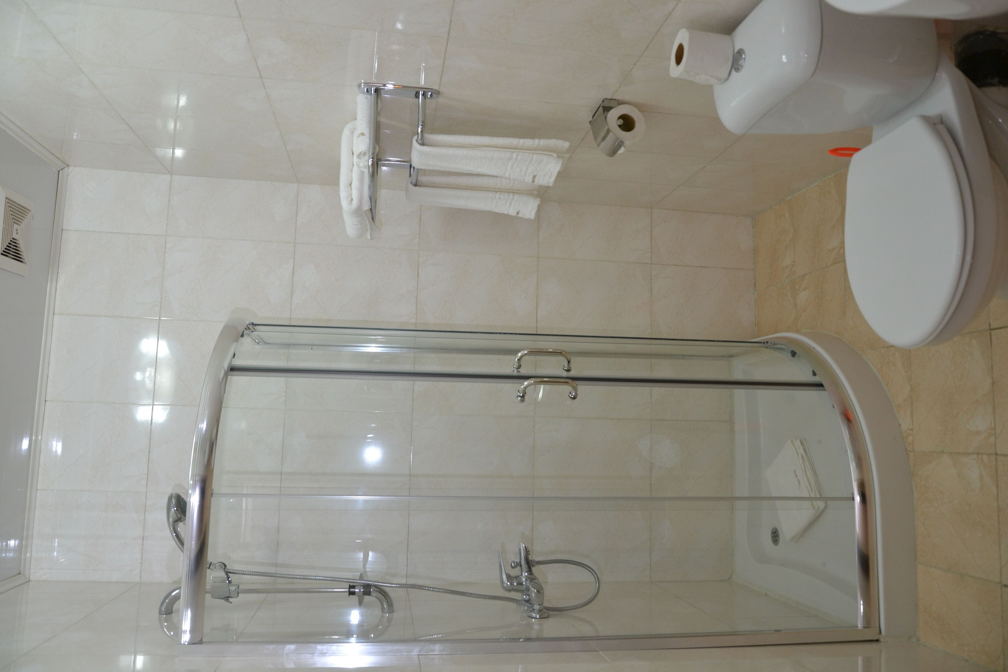 Een moderne badkamer met een douche in een glazen cabine, een toilet en een handdoekrek.