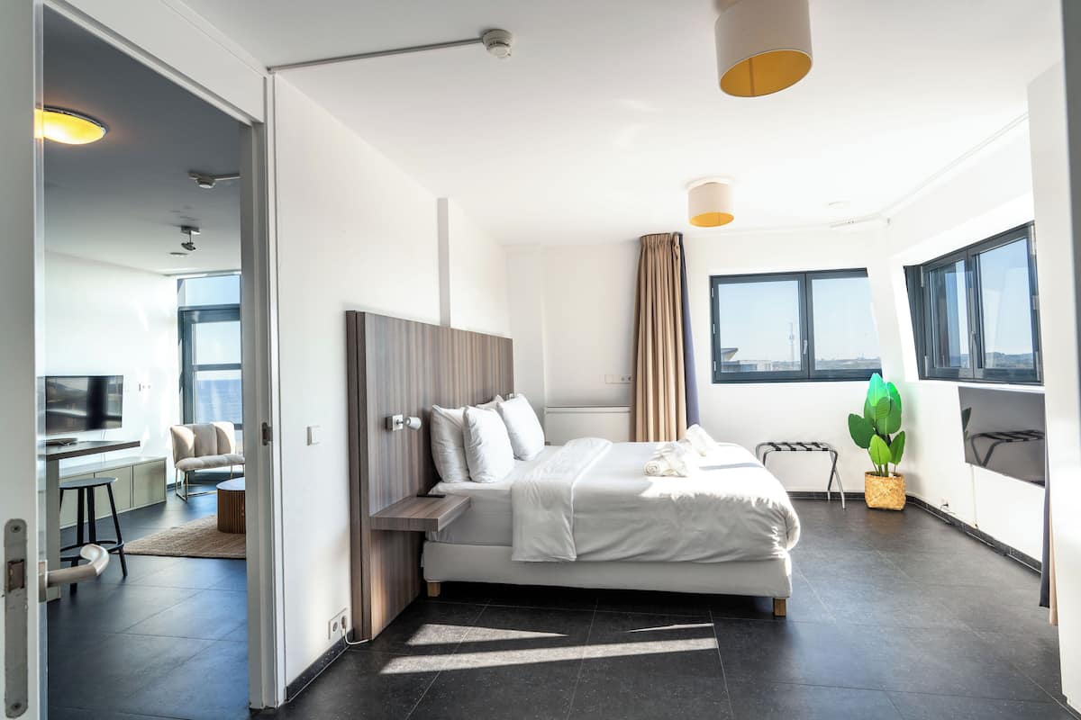 Una habitación de hotel moderna con una cama, un escritorio, una silla, una planta en maceta y ventanas amplias.