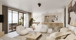 Presidential Sea View Apartment with Sauna | Zona de estar | Smart TV de 42 pulgadas con canales por satélite, una televisión