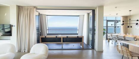 Presidential Sea View Apartment with Sauna | Living area | 42-inch Smart TV with satellite channels, TV, heated floors