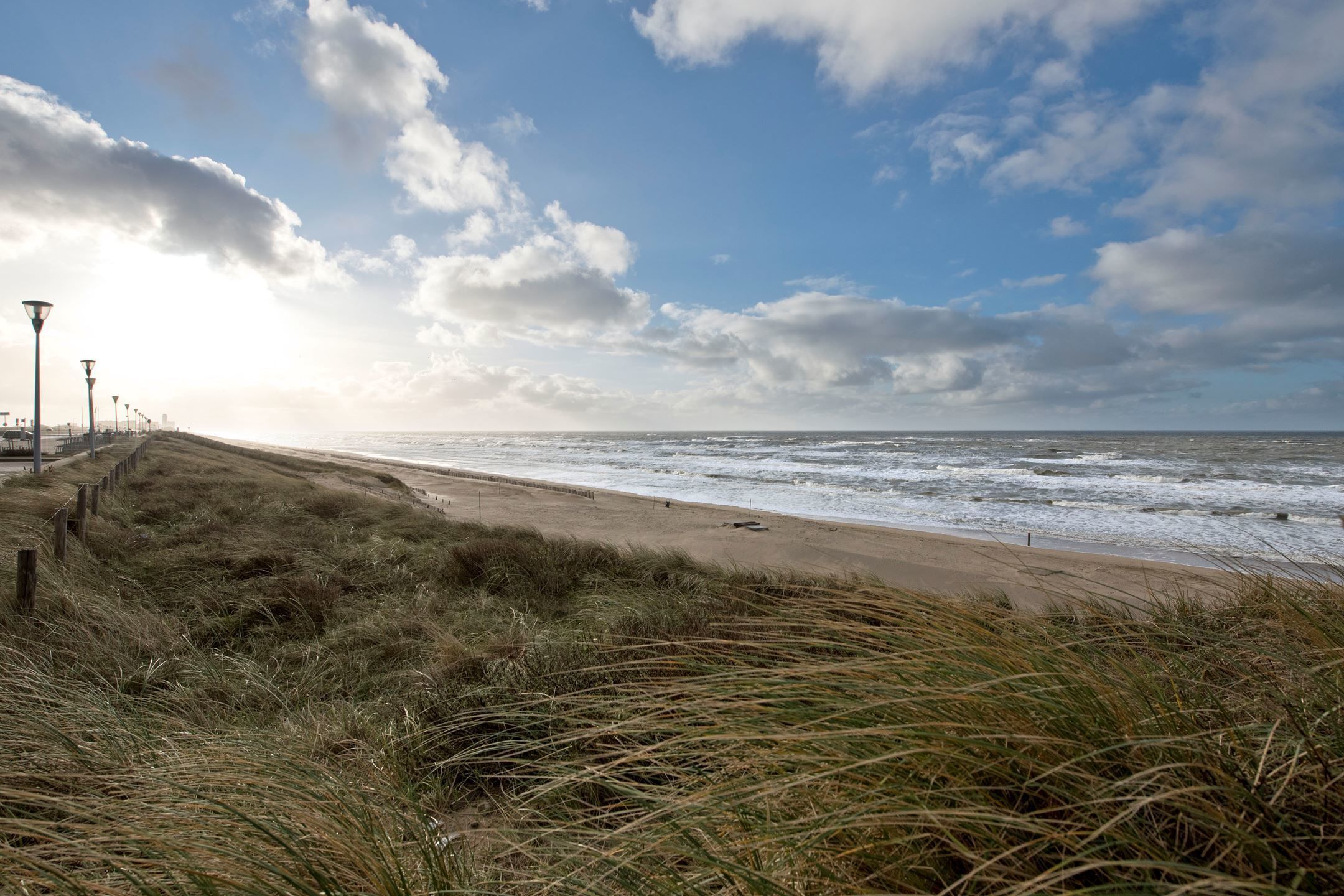 Une plage avec un sentier et des lampadaires, qui mène à l’océan.