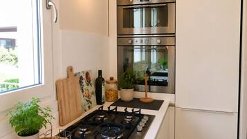 A modern kitchen with a gas stove, two ovens, and a window with a view of greenery.