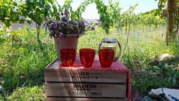 Una caja de madera con vasos rojos y una planta en maceta encima, colocada al aire libre con follaje de fondo.