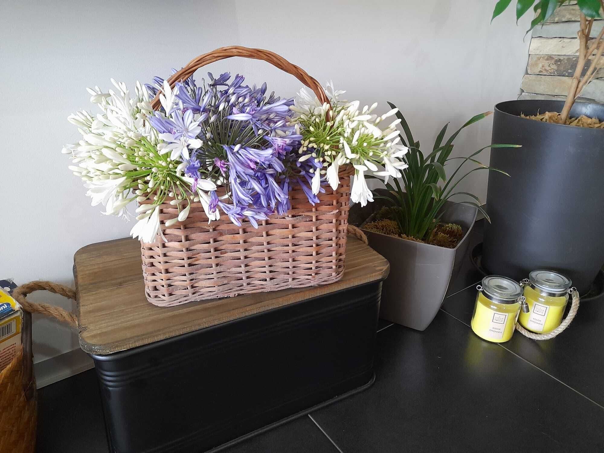 Un panier en osier rempli de fleurs, posé sur une surface en bois, à côté d’une plante en pot et de deux pots jaunes.