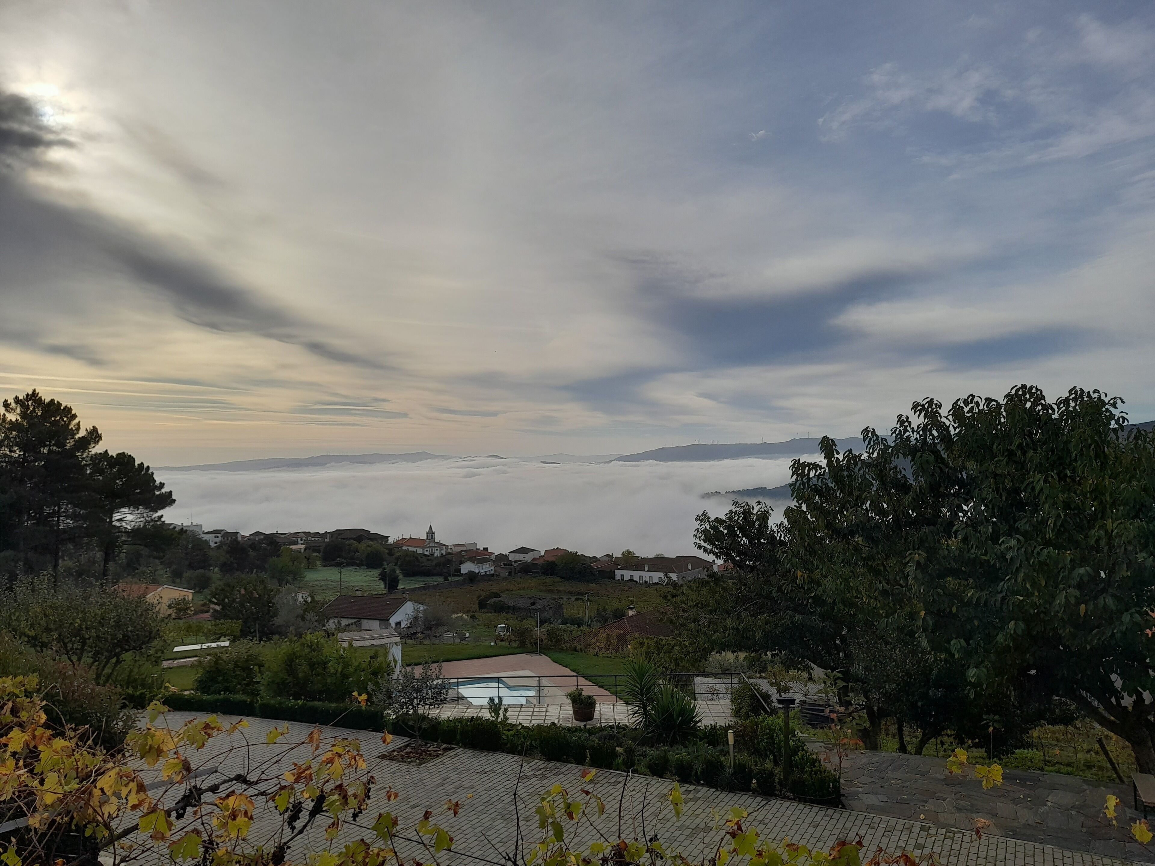 A residential area with houses, a swimming pool, and a view of the sea.