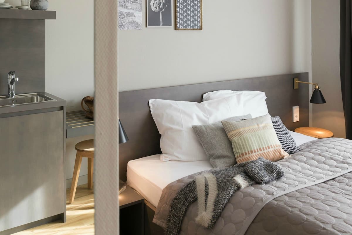 Bold Double Studio | Desk, laptop workspace, soundproofing, iron/ironing board