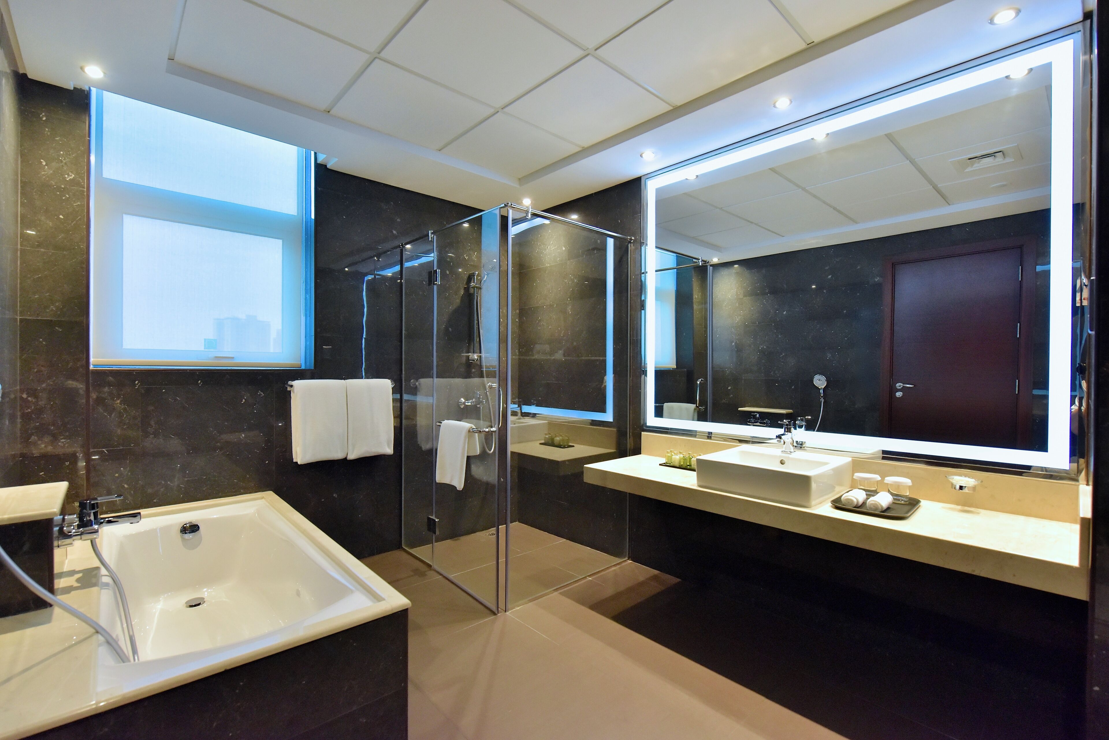 A modern bathroom with a glass-enclosed shower, a large mirror, and a vanity with a sink.