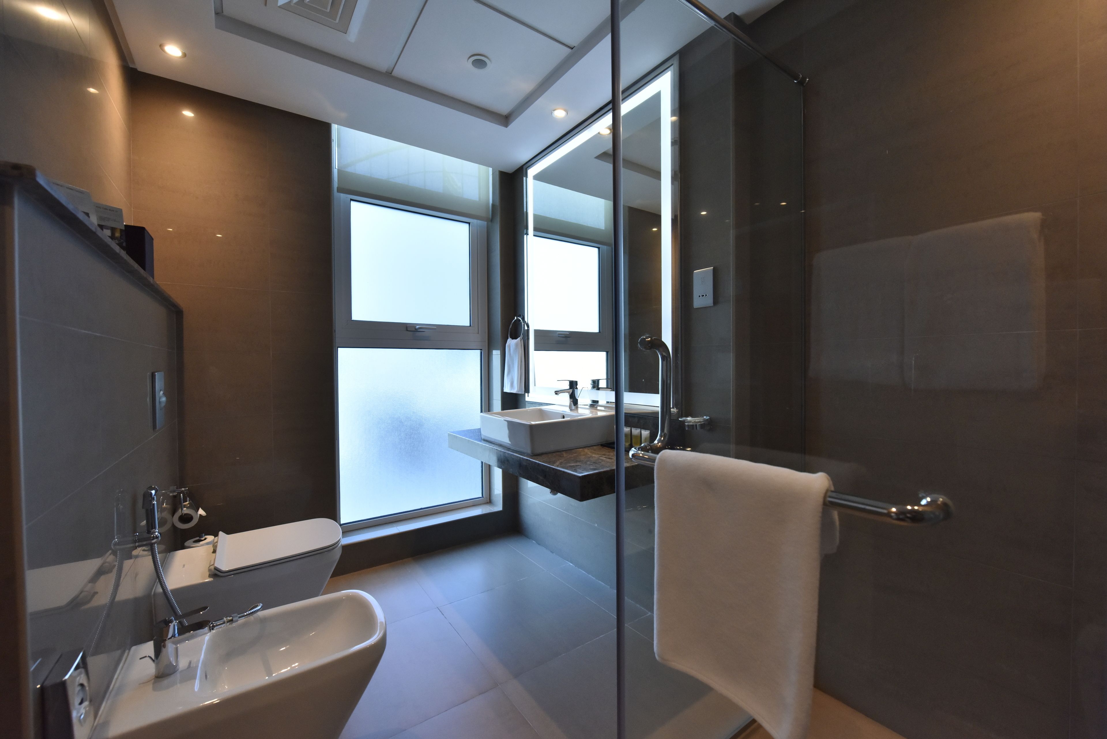 separate bathtub and shower, free toiletries, hair dryer, bathrobes