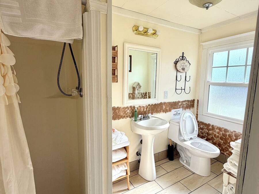 A bathroom with a shower, sink, toilet, and a mirror.