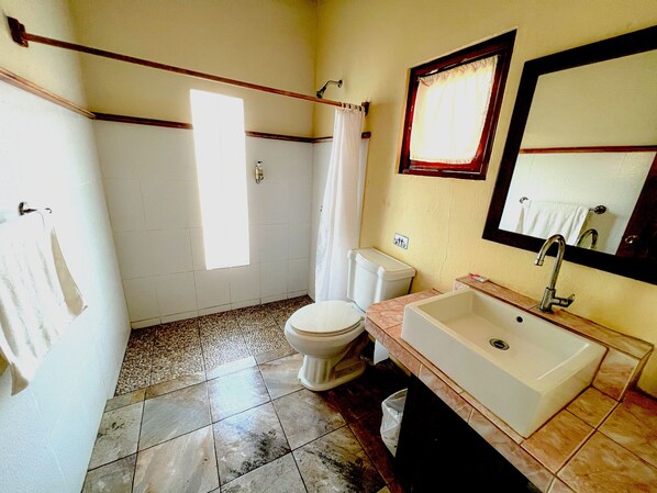 Un baño con inodoro, lavabo y zona de ducha.