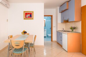 Appartement, 1 chambre, balcon, vue sur la mer | Cuisinette privée | Réfrigérateur, four à micro-ondes, surface de cuisson, cafetière-théière