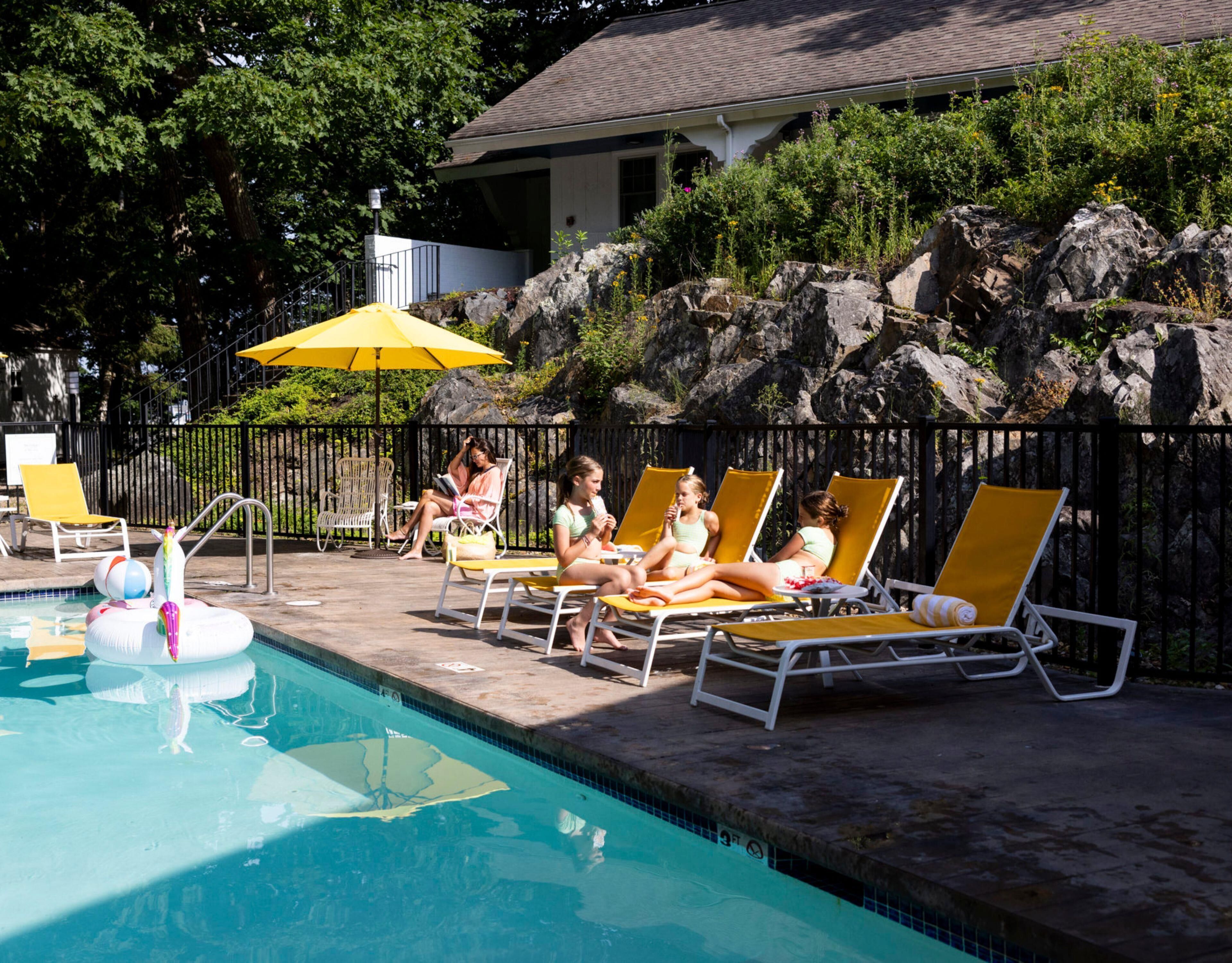 Seasonal outdoor pool, pool umbrellas