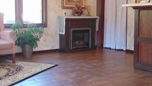 Una habitación con chimenea, una planta en maceta, una silla y suelo de madera.