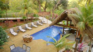 Outdoor pool, pool umbrellas, pool loungers