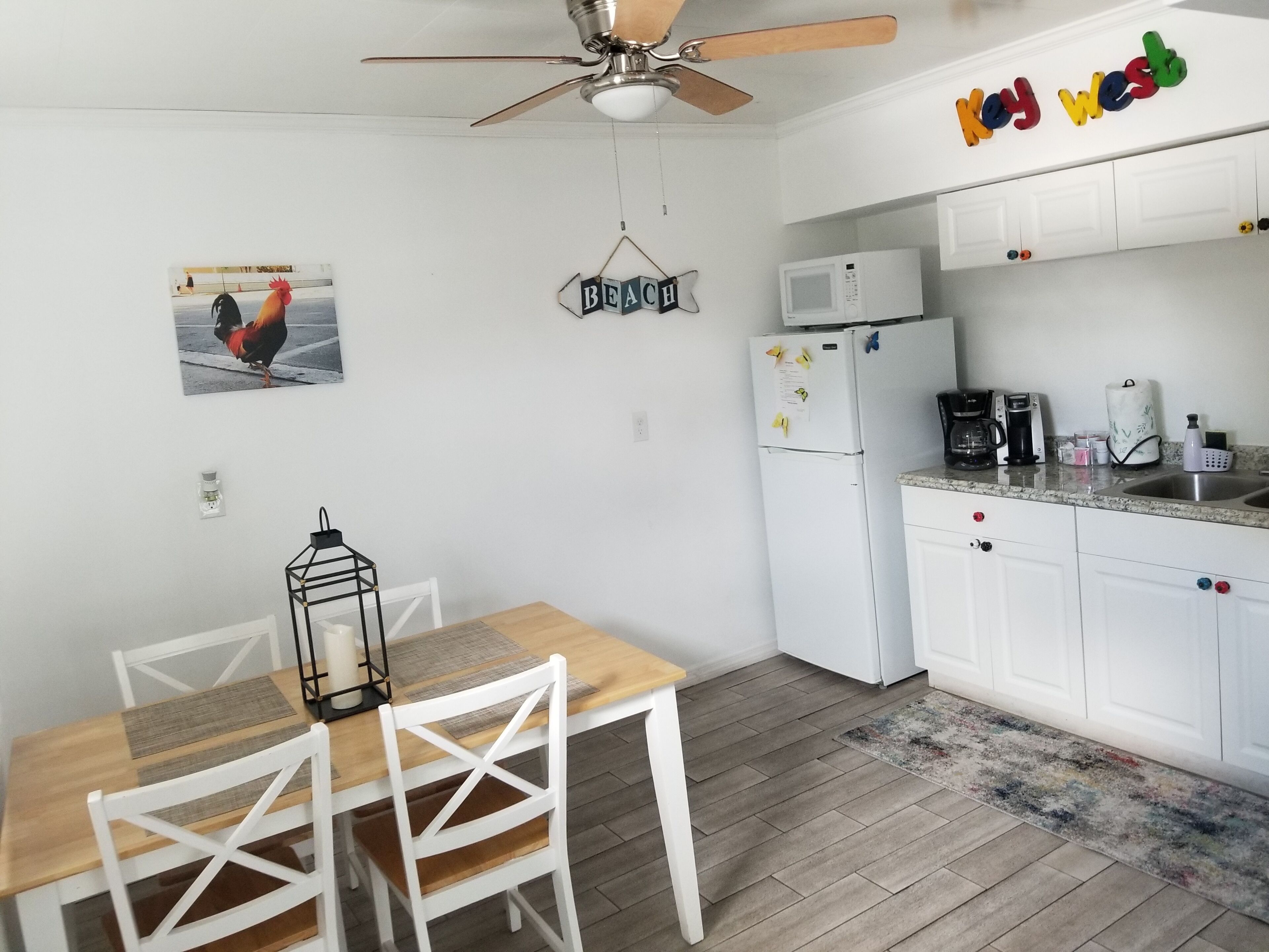 full-sized fridge, microwave, coffee/tea maker