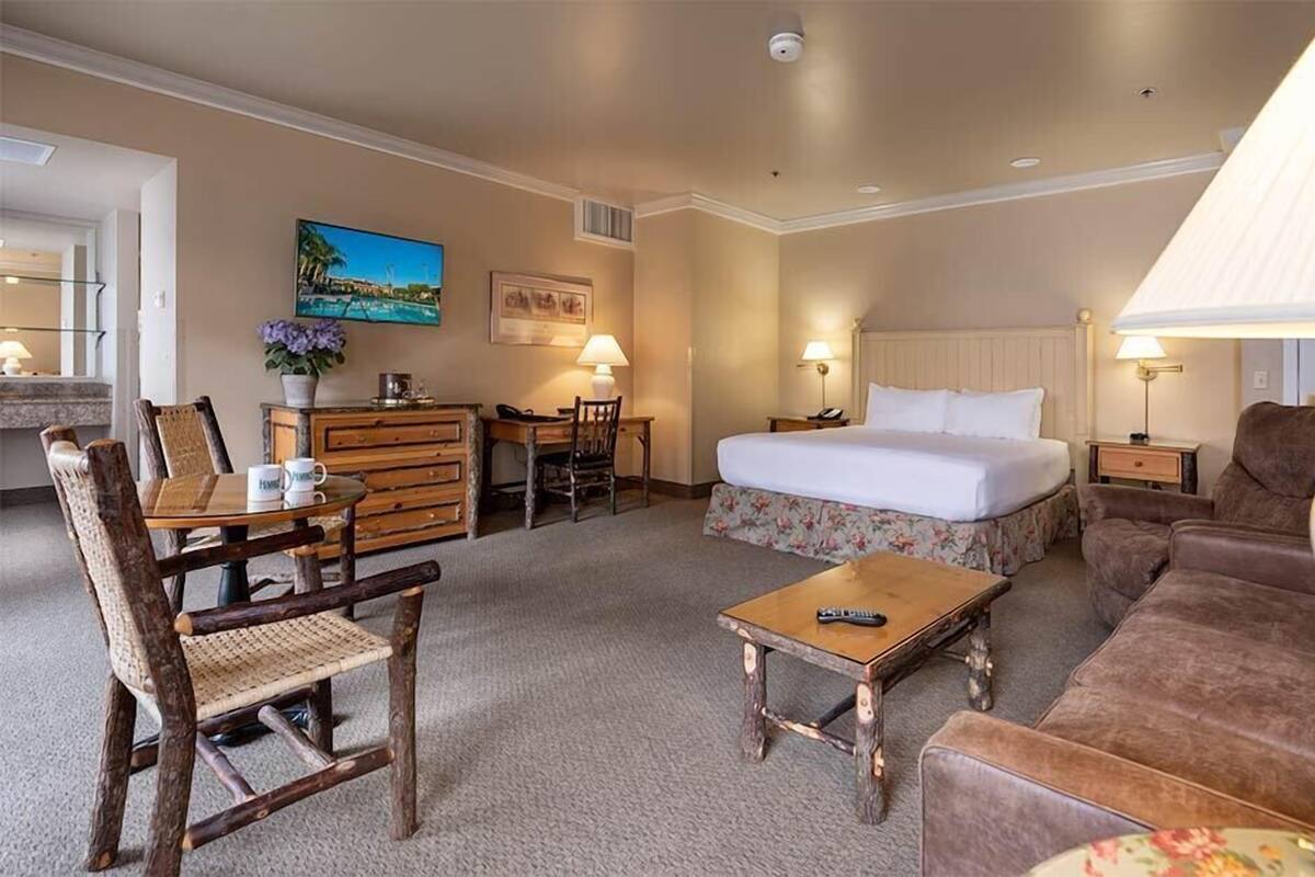 A hotel room with a bed, a sofa, a small table, a desk, and a chair.