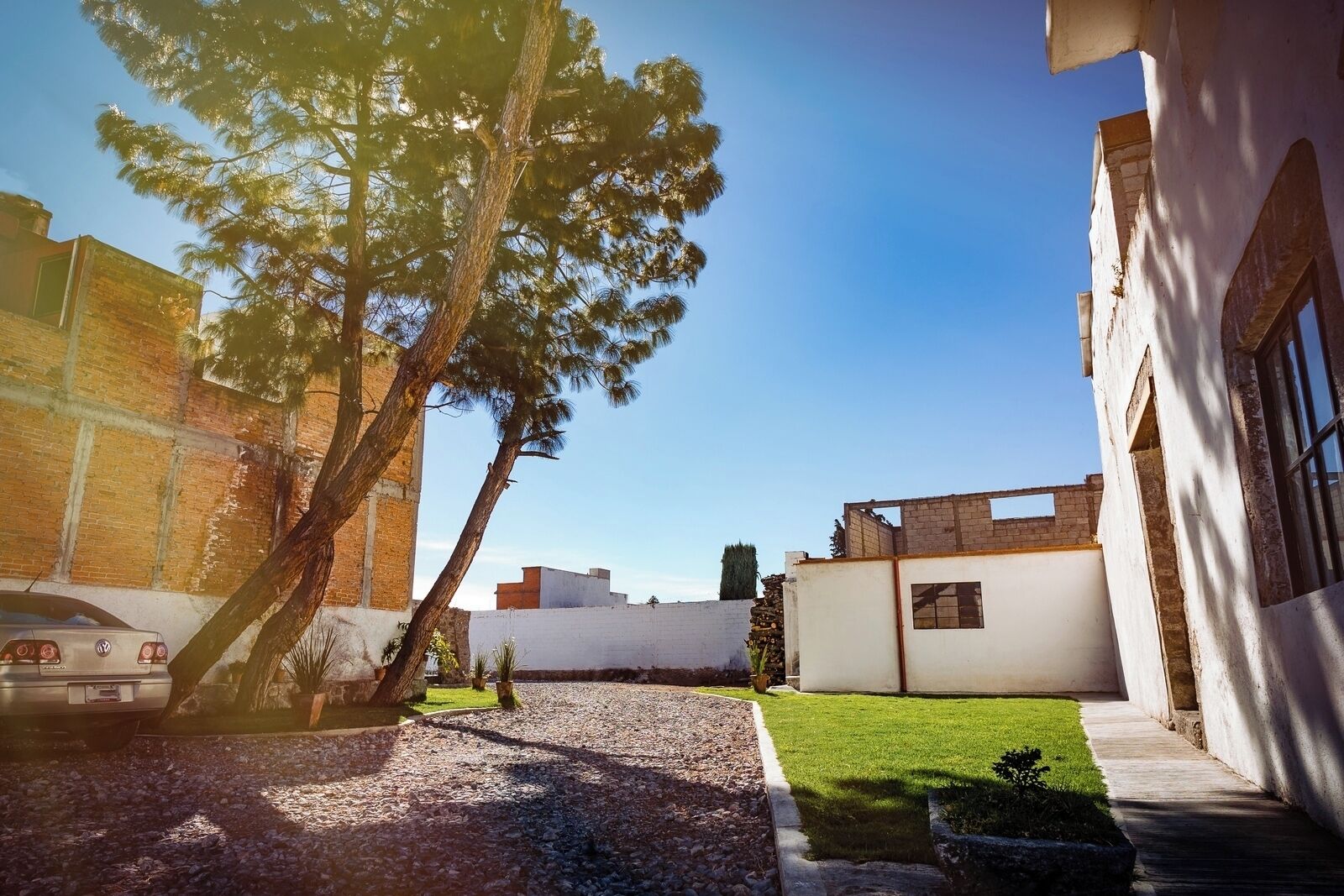 Un patio con un árbol, un automóvil y un edificio de fachada blanca.