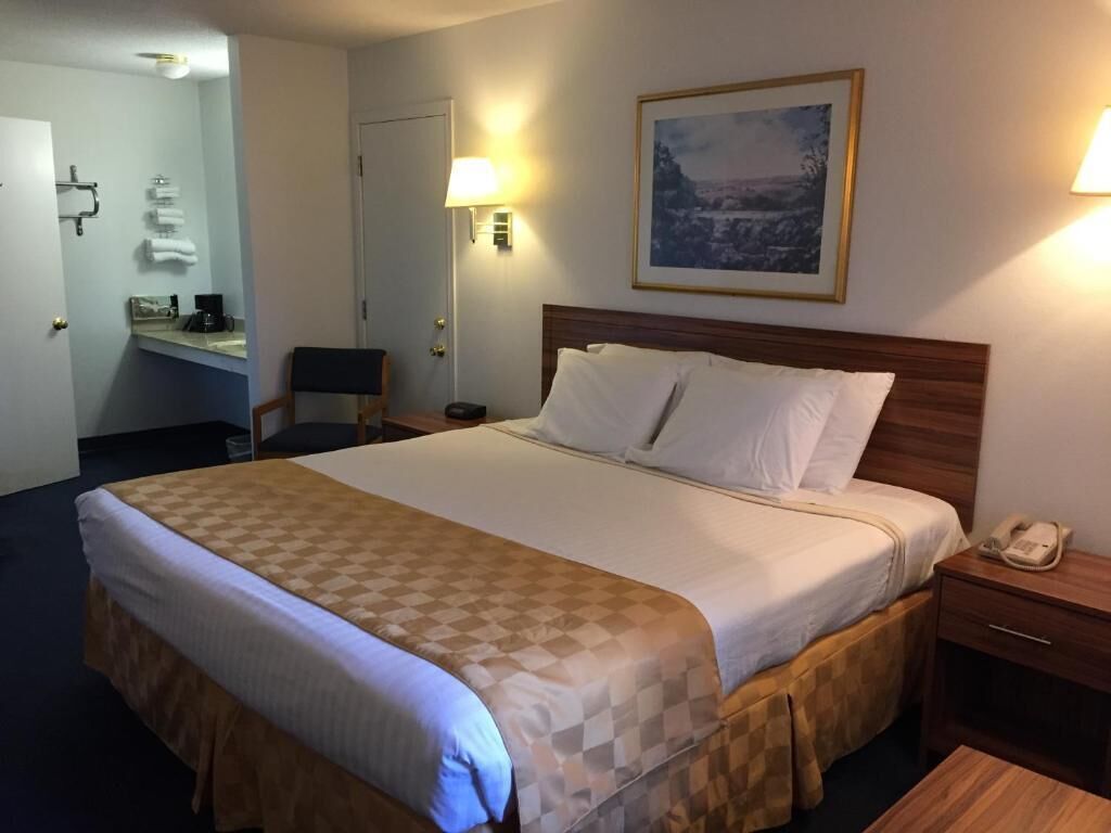 A hotel room with a large bed, a bedside table with a lamp, a telephone, and a framed picture on the wall.