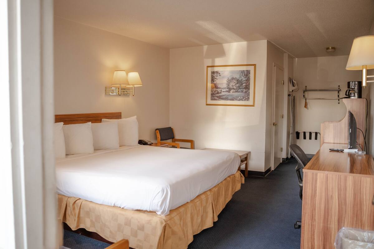 Una habitación de hotel con una cama grande, un escritorio, una silla, una lámpara y un cuadro en la pared.