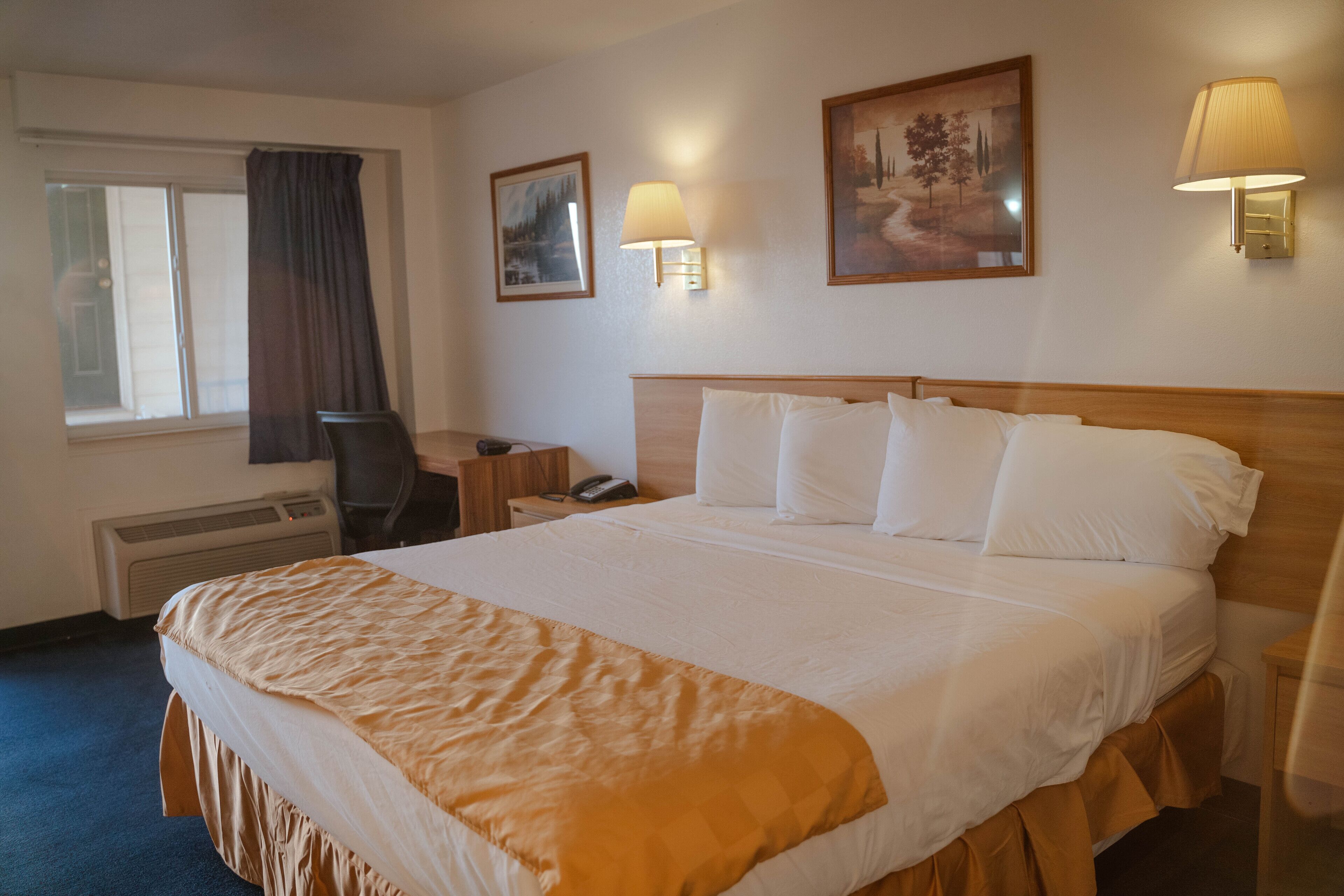 A hotel room with a large bed, a desk, a chair, and two wall-mounted lamps.