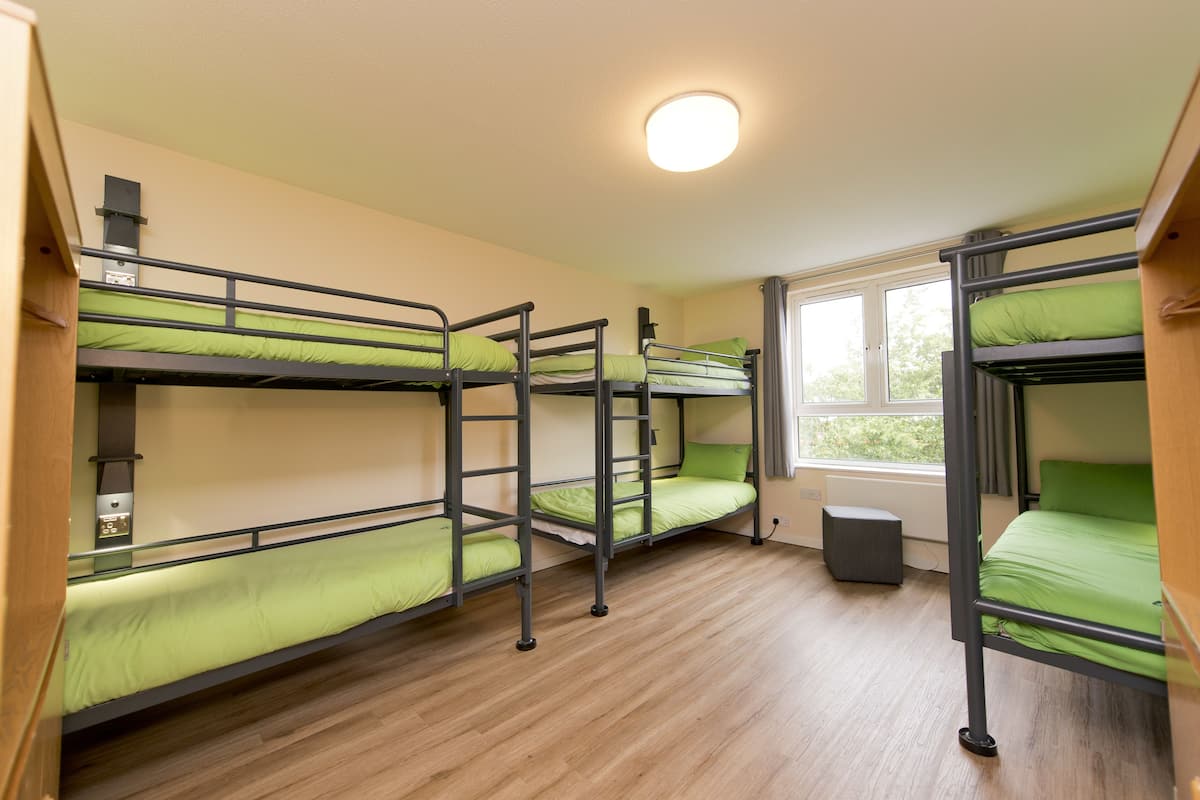 A dormitory room with bunk beds, a window, and a heater.