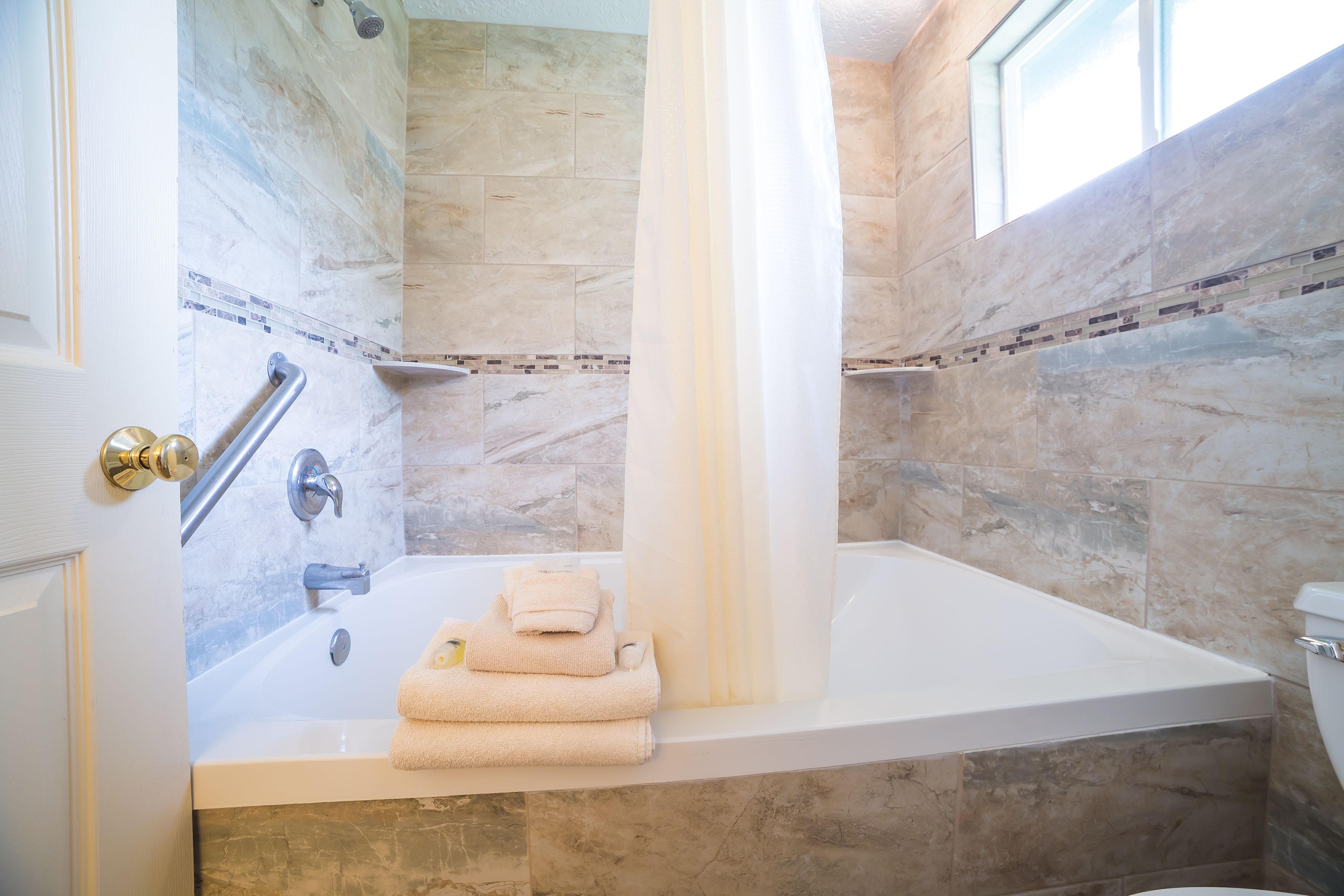 free toiletries, hair dryer, towels