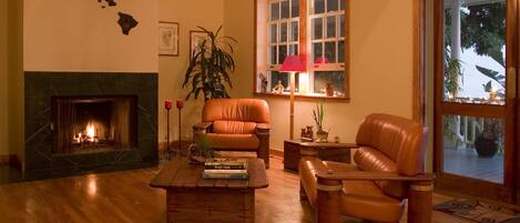 A living room with a fireplace, leather chairs, a coffee table with books, a potted plant, and a window with a view of greenery.