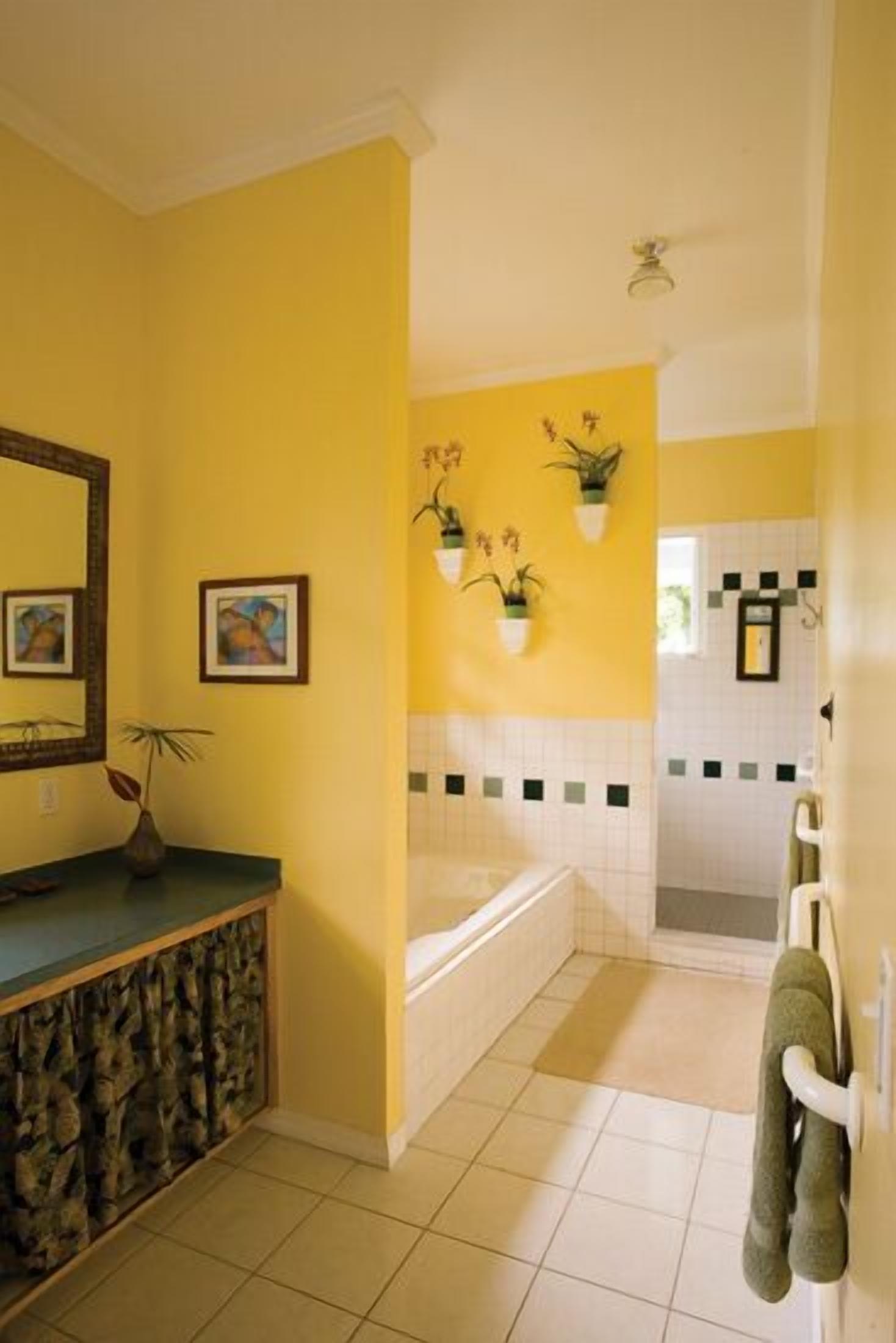 A bathroom with yellow walls, a bathtub, a sink with a stone countertop, and potted plants on the wall.