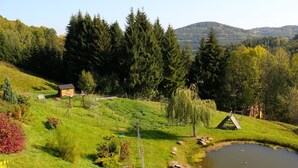 A rural landscape with a small wooden cabin, a pond, and a fenced area with trees and shrubs. - Domaine de Basil (Orbey)
