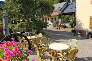 An outdoor patio area with wicker chairs and tables, surrounded by potted plants and flowers. - Domaine de Basil (Orbey)