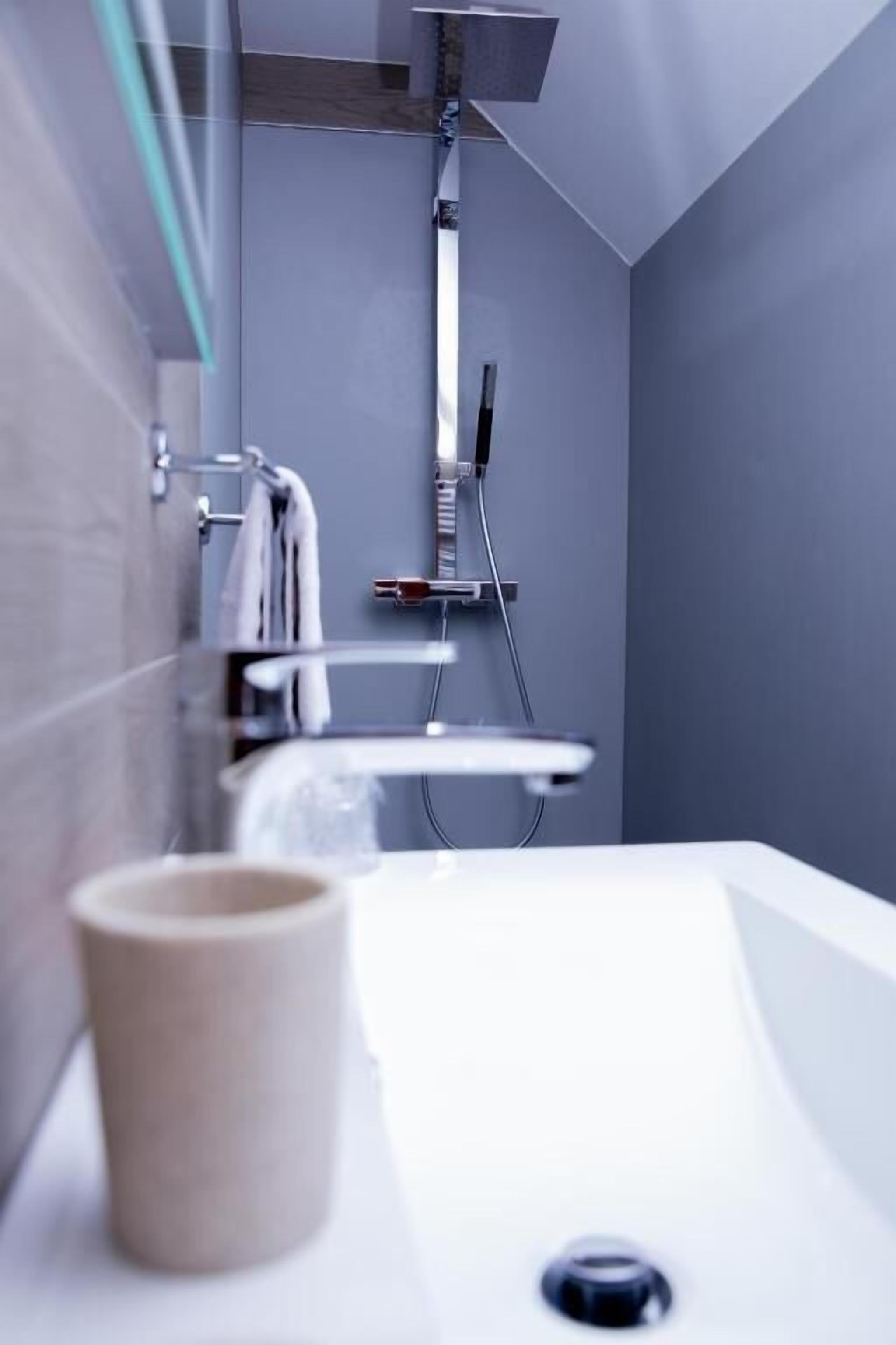 combined shower/bathtub, free toiletries, towels