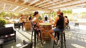 An outdoor seating area with wicker furniture and wooden barrels as tables.