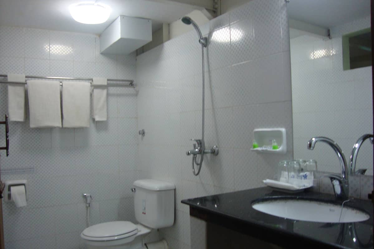 A bathroom with a toilet, a shower, and a sink.