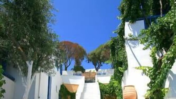 Una escalera que conduce a un edificio de paredes blancas y detalles azules.