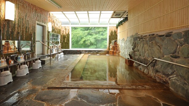 Een traditioneel Japans onsen met een stenen bad, houten wanden en uitzicht op groen.