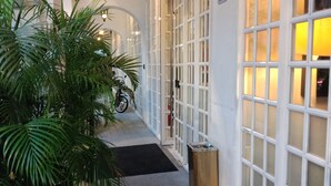 Un couloir avec des fenêtres à cadre blanc, une plante en pot, une moto et une poubelle.