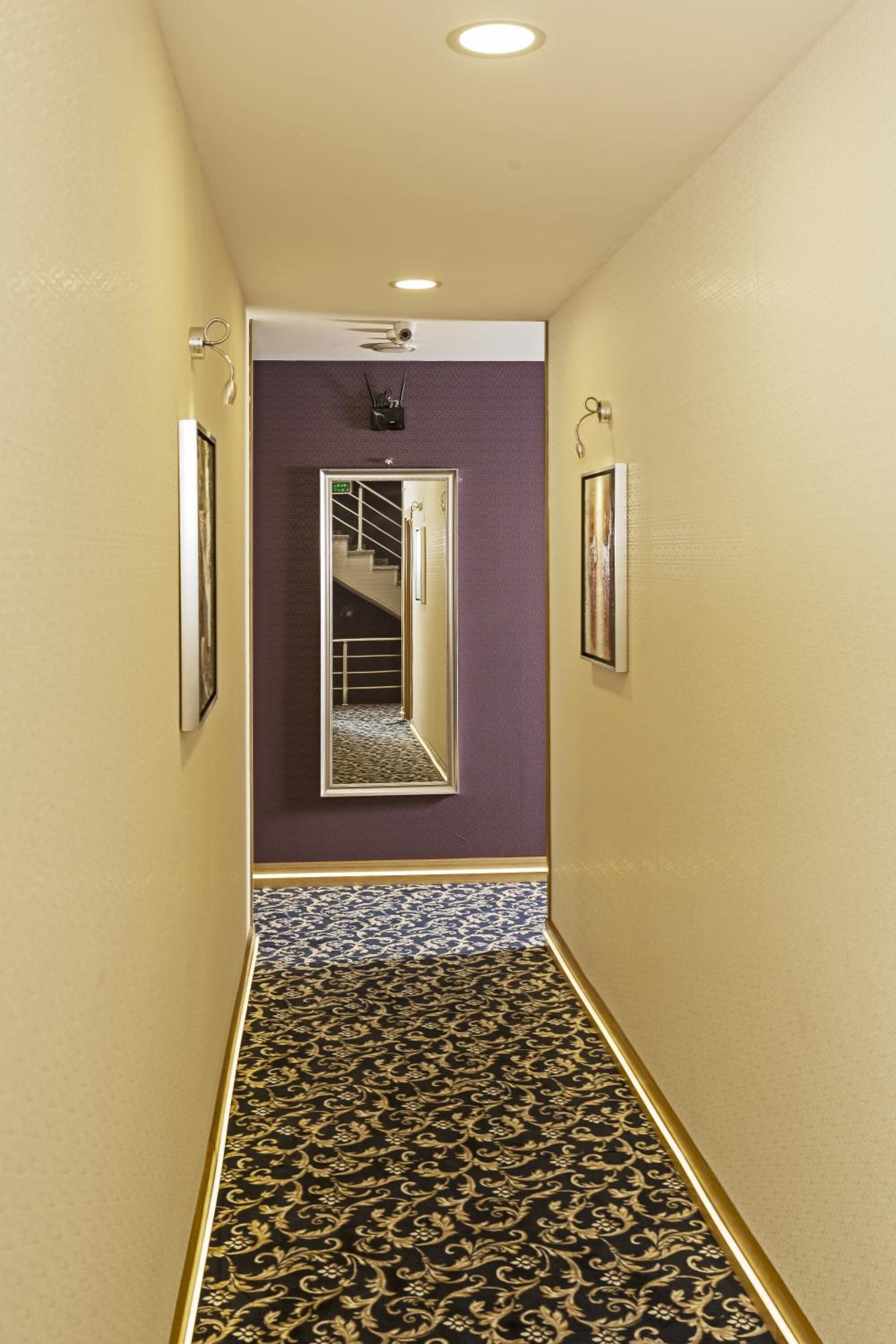 A narrow hallway with patterned carpet, a mirror, and framed pictures on the walls.
