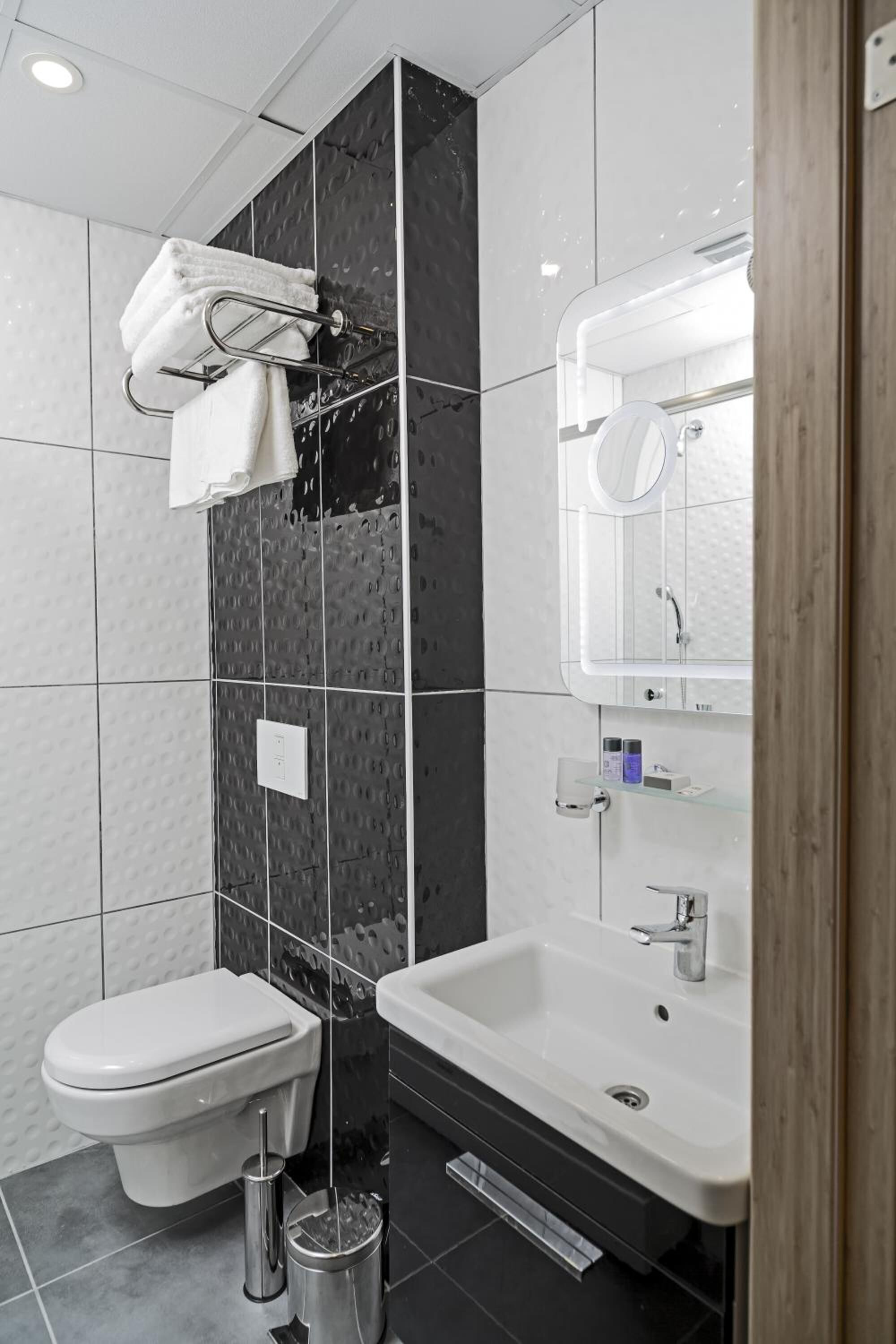 A modern bathroom with a toilet, a shower, and a sink.